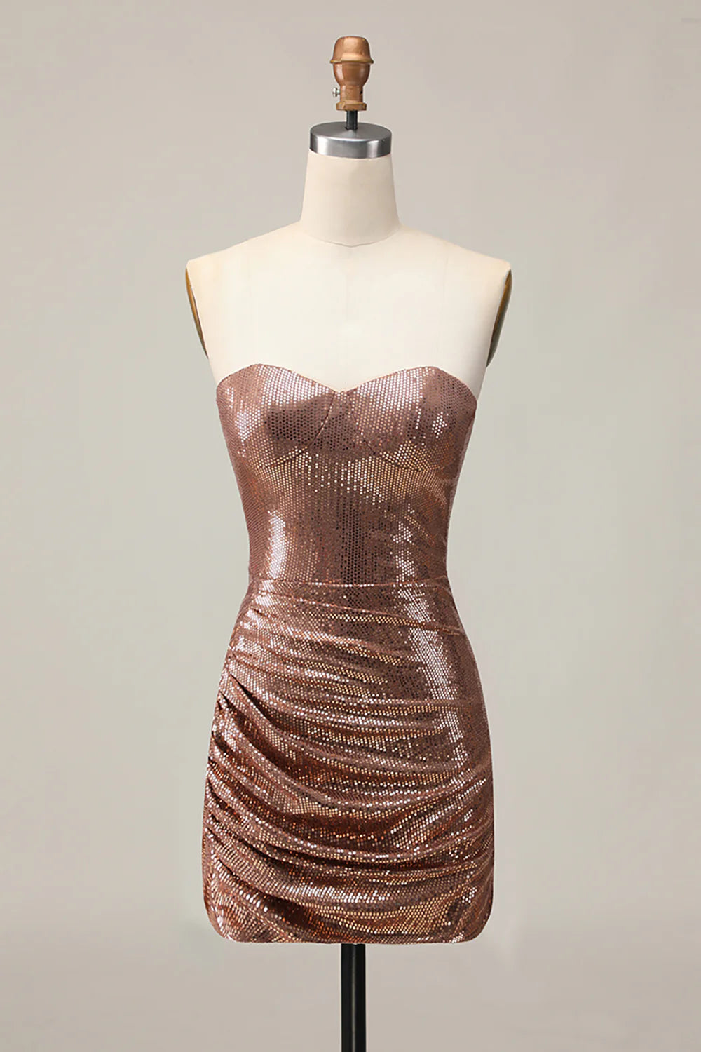 Sparkly Ruched Strapless Coffee Homecoming Dress with Sequins