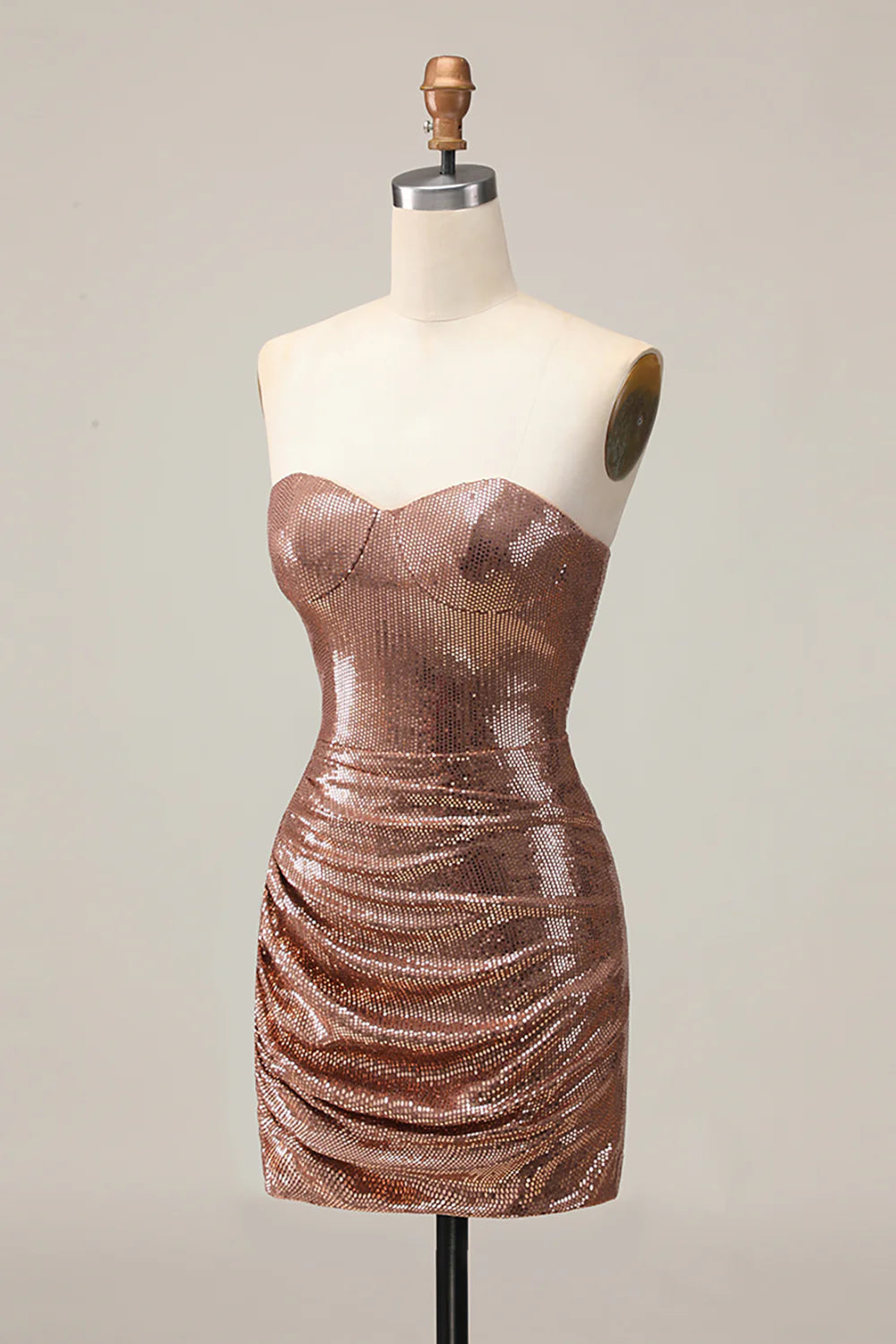 Sparkly Ruched Strapless Coffee Homecoming Dress with Sequins