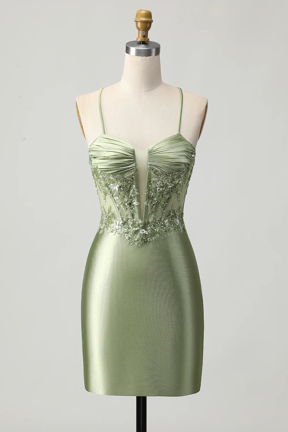 Sparkly Sage Green Corset Tight Short Satin Homecoming Dress