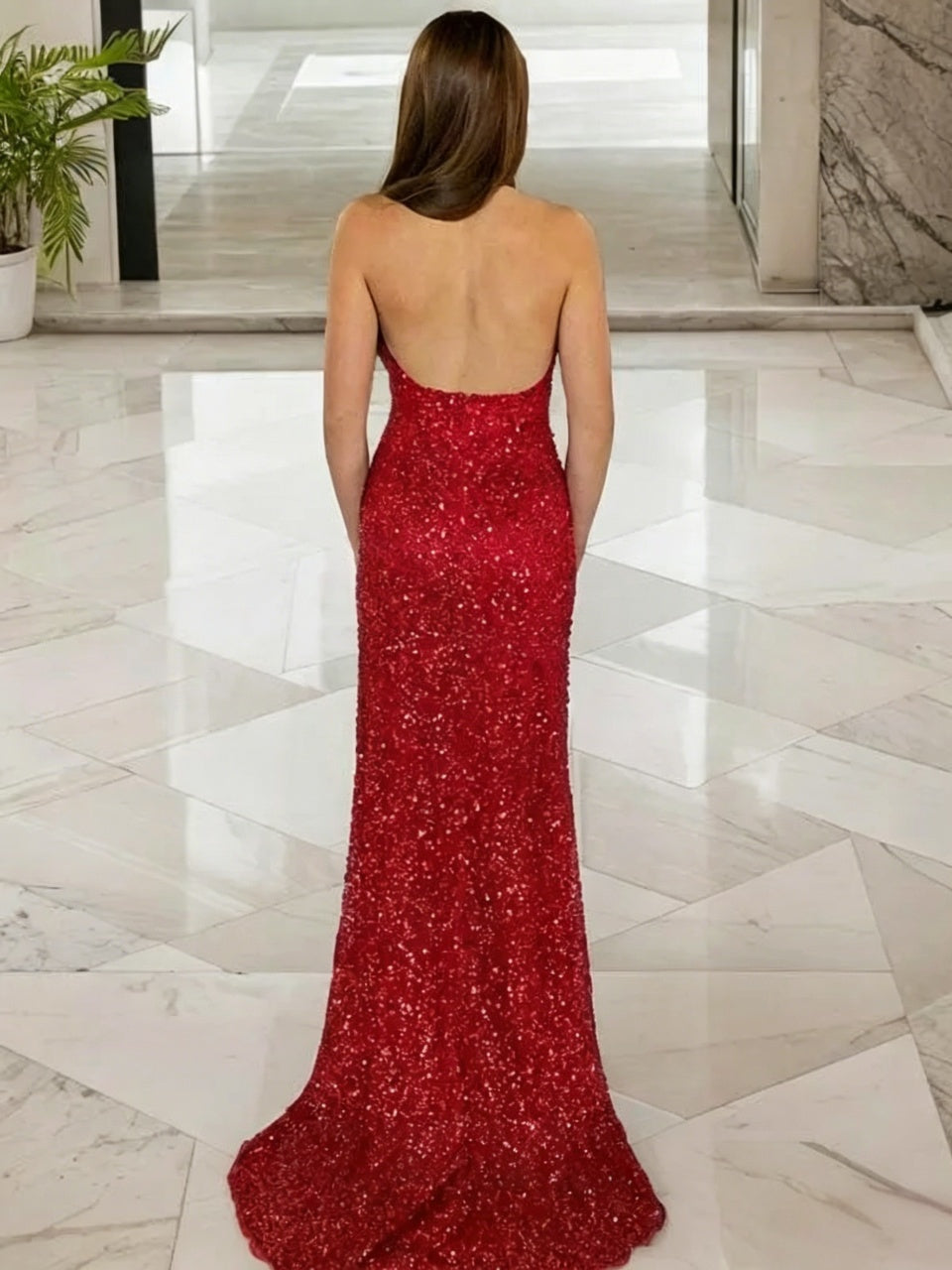 Sparkly Sequin Mermaid Halter-Neck Sleeveless Low-Back Slit Floor Length Evening Dress