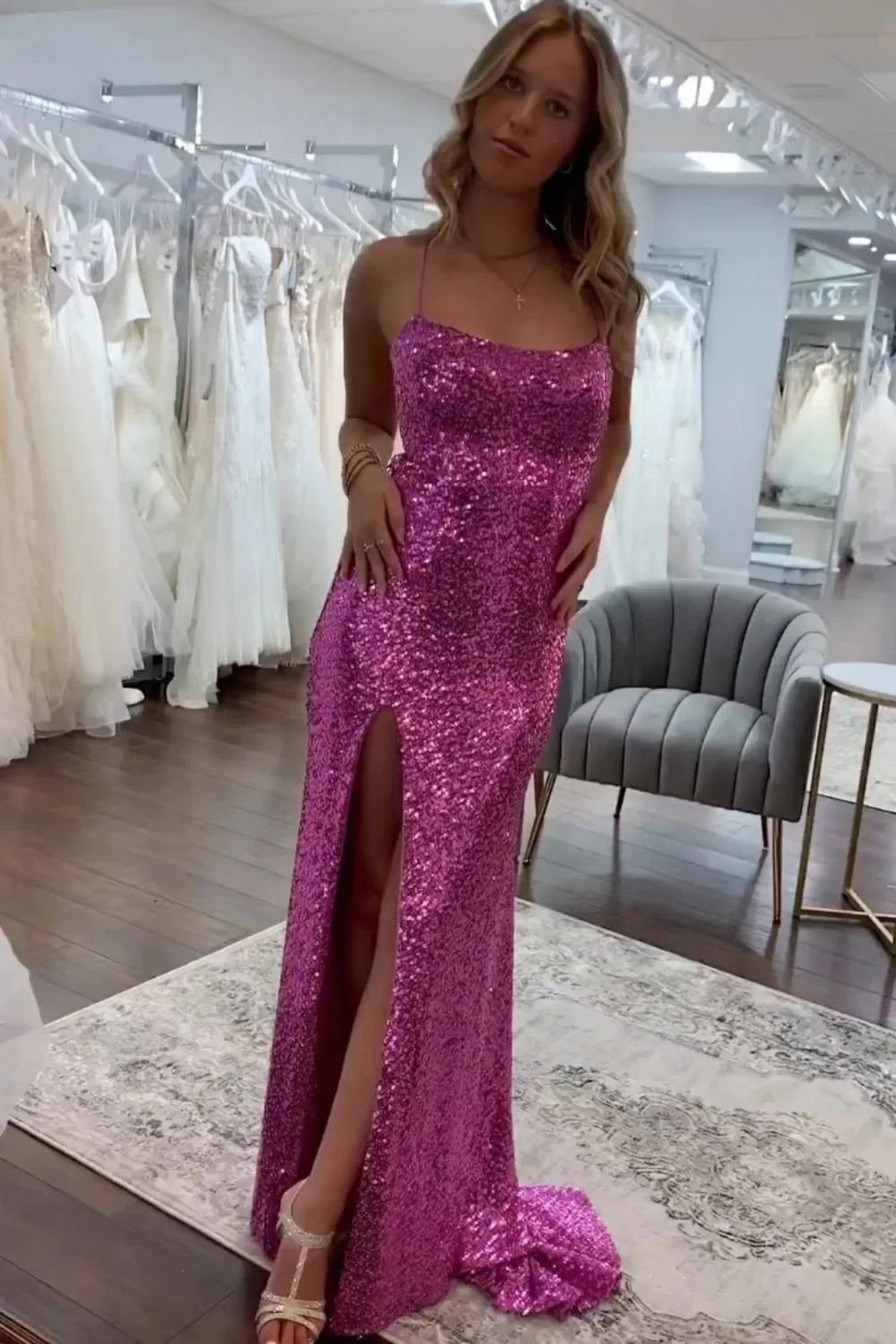Sparkly Sequin Mermaid Spaghetti Straps Long Prom Dress