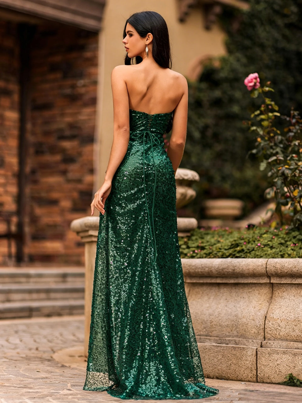 Sparkly Sequin Mermaid Strapless Sweetheart Lace-Up-Back Slit Floor Length Evening Dress