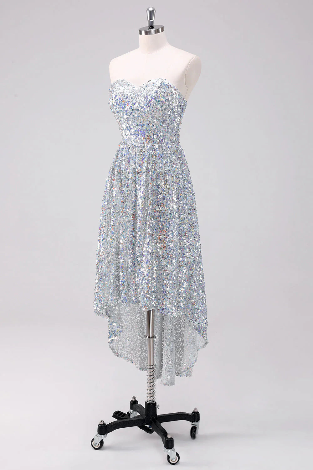 Sparkly Silver Sweetheart Asymmetric Short Homecoming Dress with Sequins