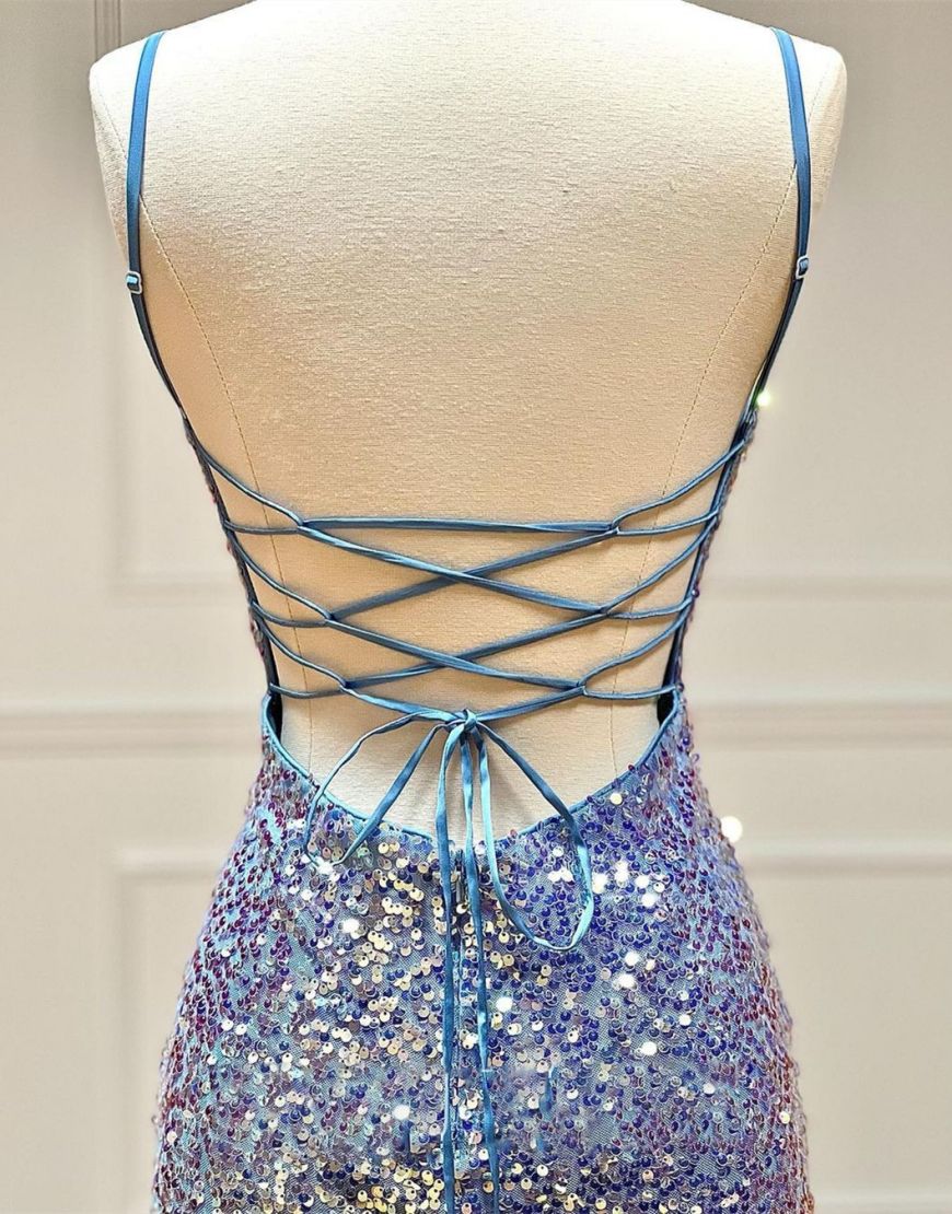 Sparkly Spaghetti Straps Sequin Unique Design Homecoming Dress