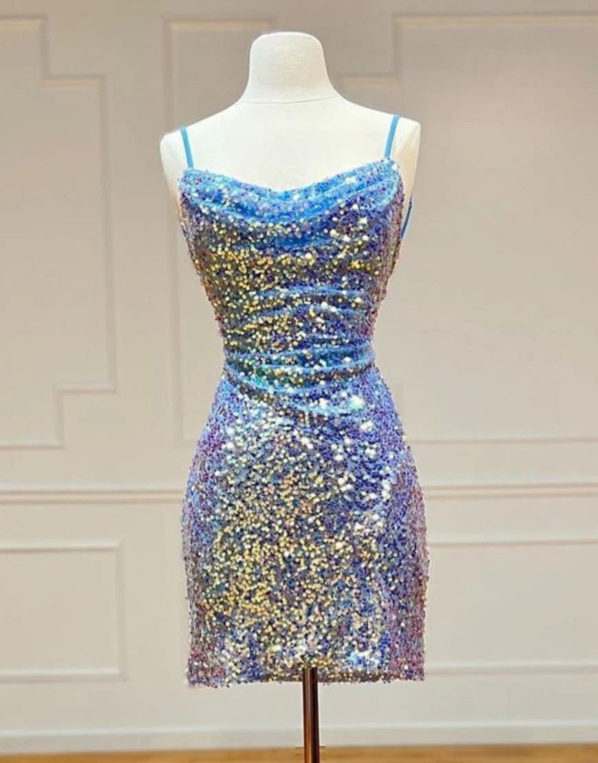 Sparkly Spaghetti Straps Sequin Unique Design Homecoming Dress