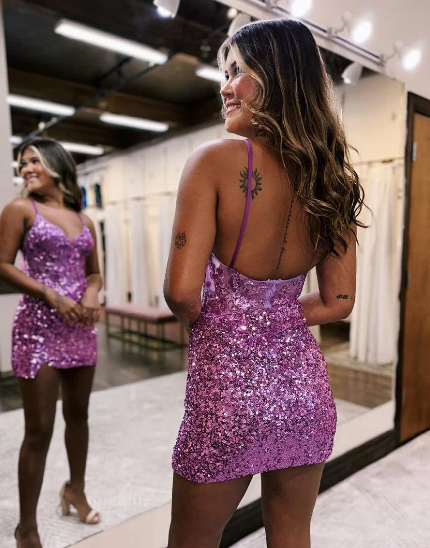 Sparkly Spaghetti Straps Sequins Tight Homecoming Party Dress