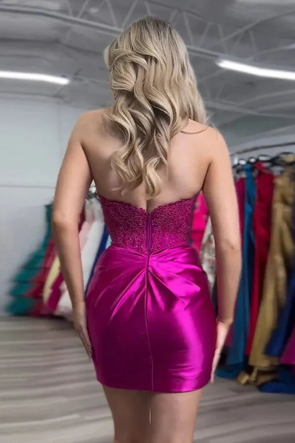 Sparkly Strapless Beaded Appliques Fuchsia Homecoming Dress