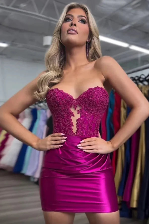 Sparkly Strapless Beaded Appliques Fuchsia Homecoming Dress