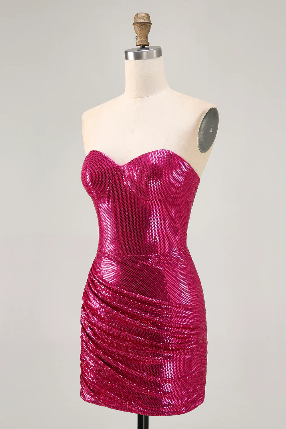 Sparkly Strapless Ruched Sequins Fuchsia Homecoming Dress