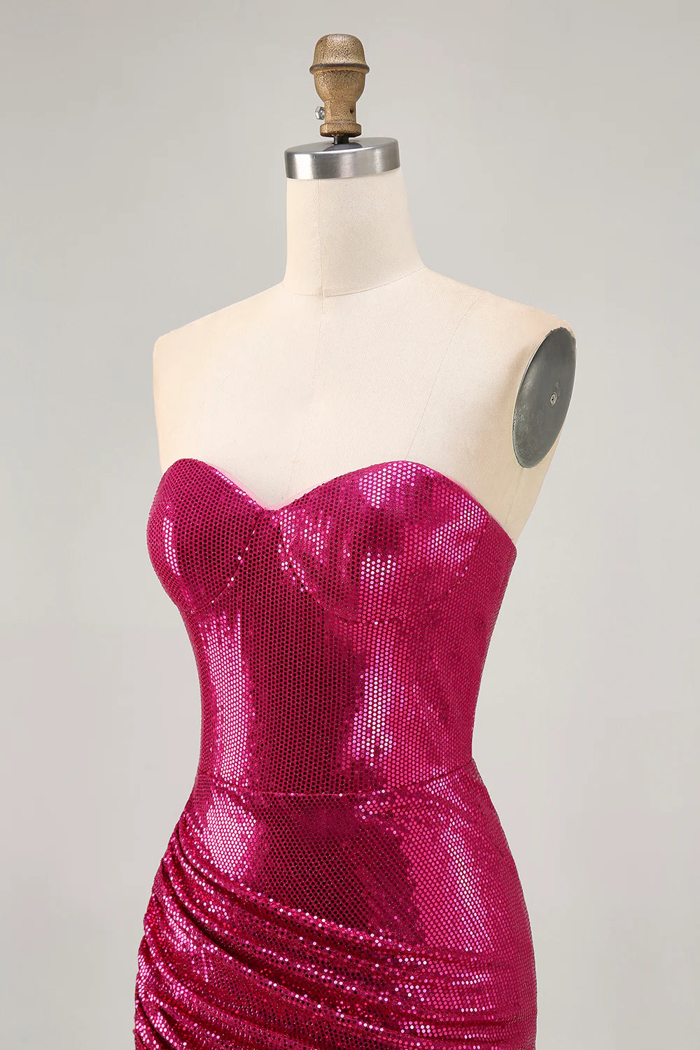 Sparkly Strapless Ruched Sequins Fuchsia Homecoming Dress