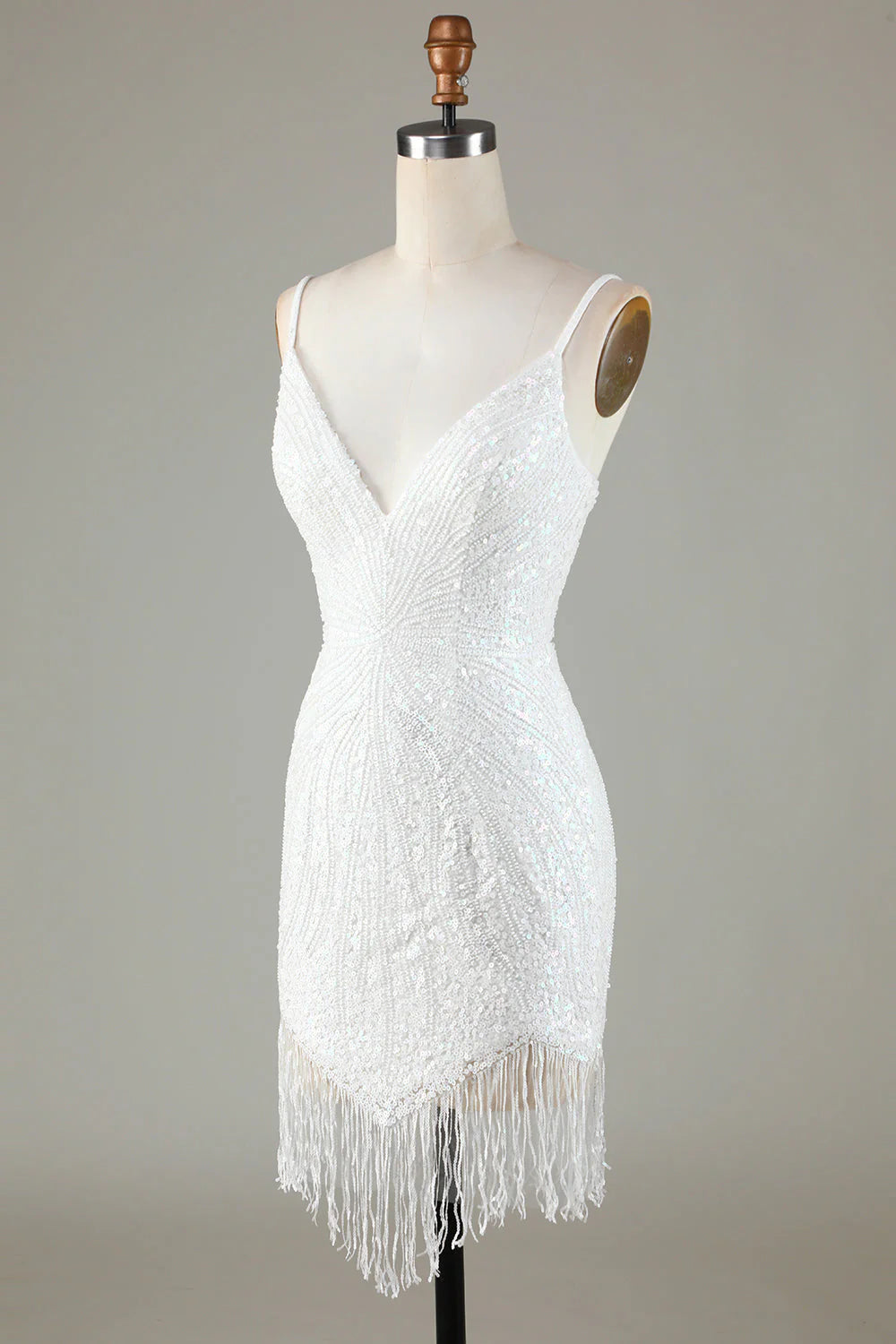 Sparkly White Bodycon Lace-Up Back Beaded Short Homecoming Dress with Tassel
