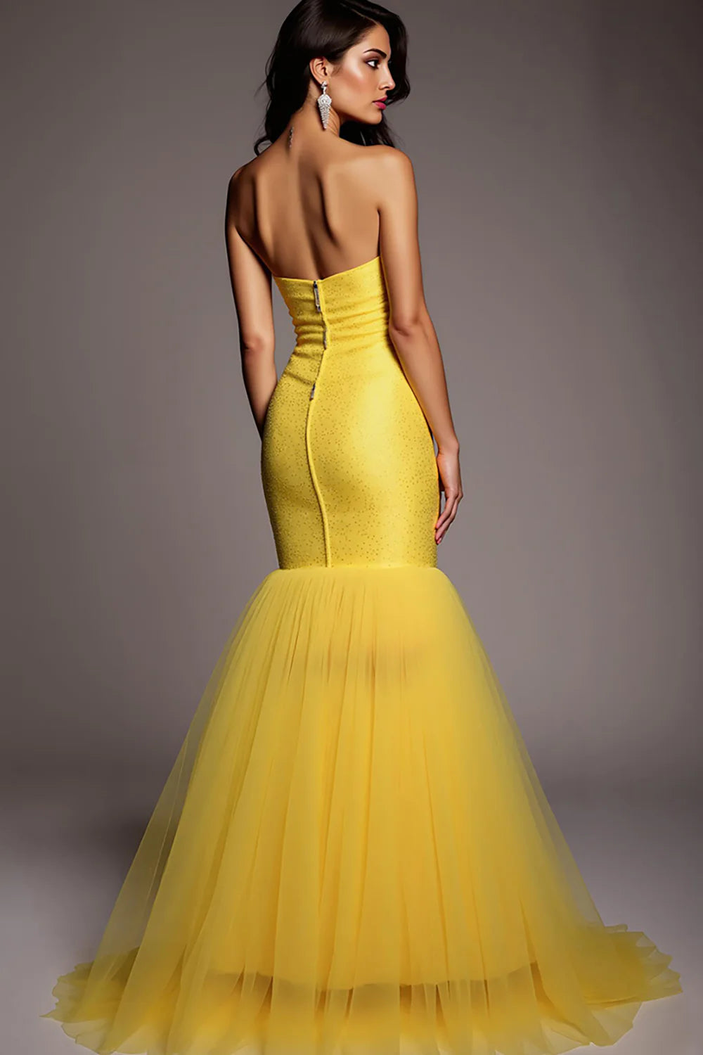Sparkly Yellow Strapless Mermaid Long Prom Dress with Beading