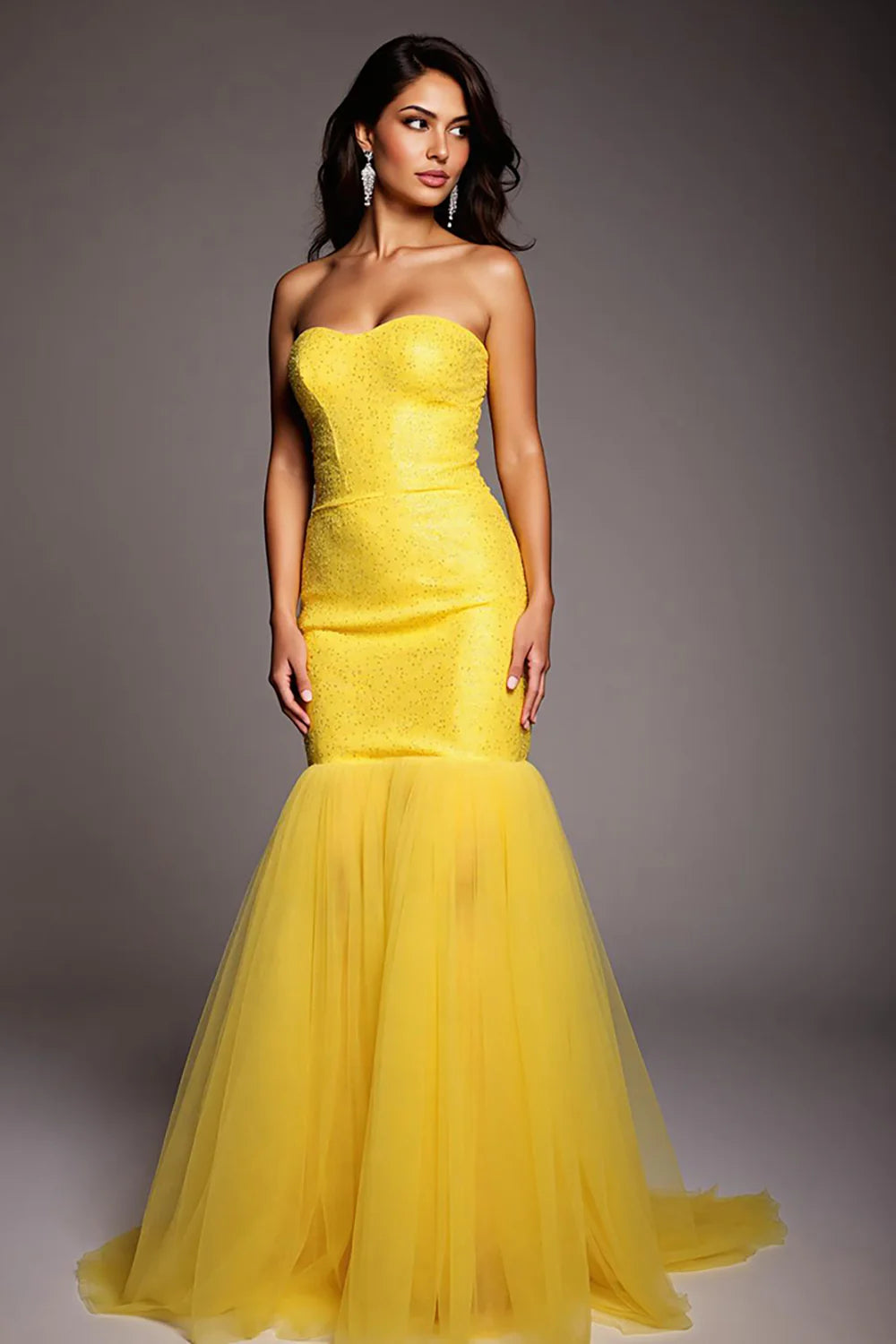 Sparkly Yellow Strapless Mermaid Long Prom Dress with Beading