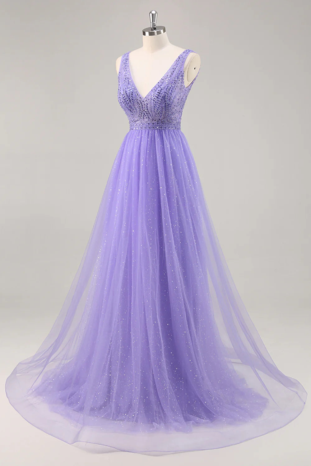Sparkly Purple A Line V Neck Tulle Long Prom Dress With Beading