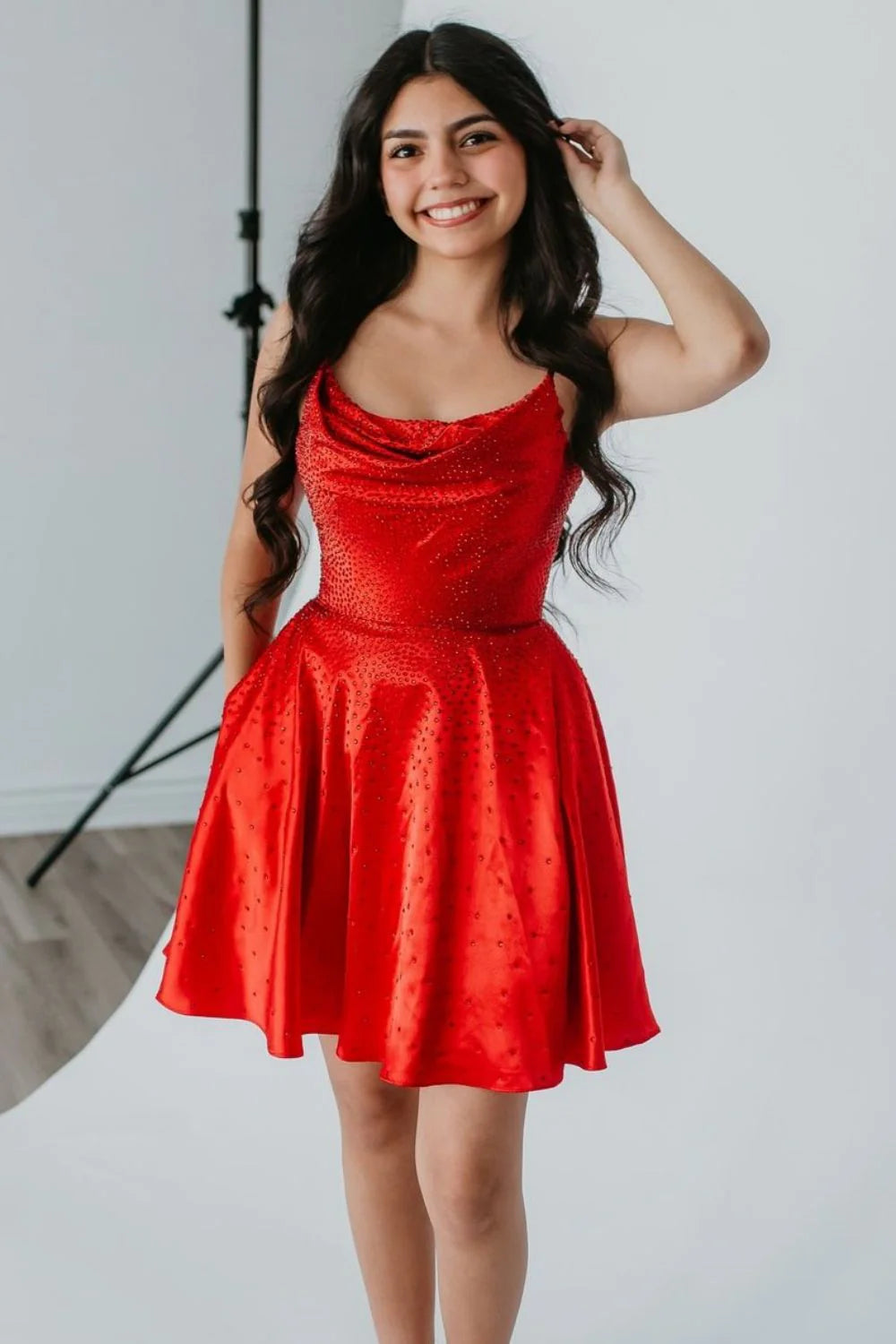 Sparkly Red A-Line Spaghetti Straps Short Beaded Homecoming Dress
