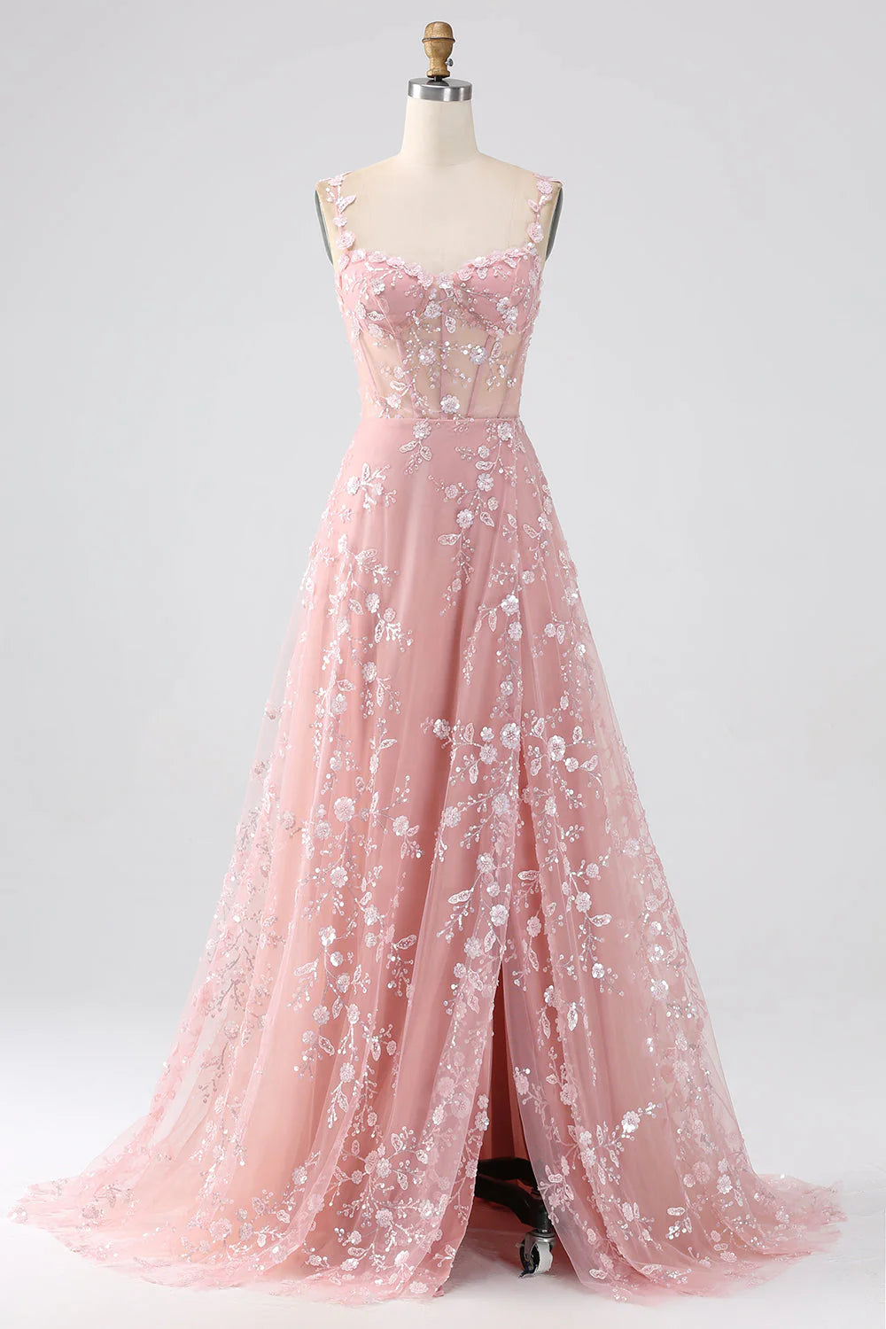 Sparkly Sequin Blush A Line Spaghetti Straps Corset Long Prom Dress With Slit