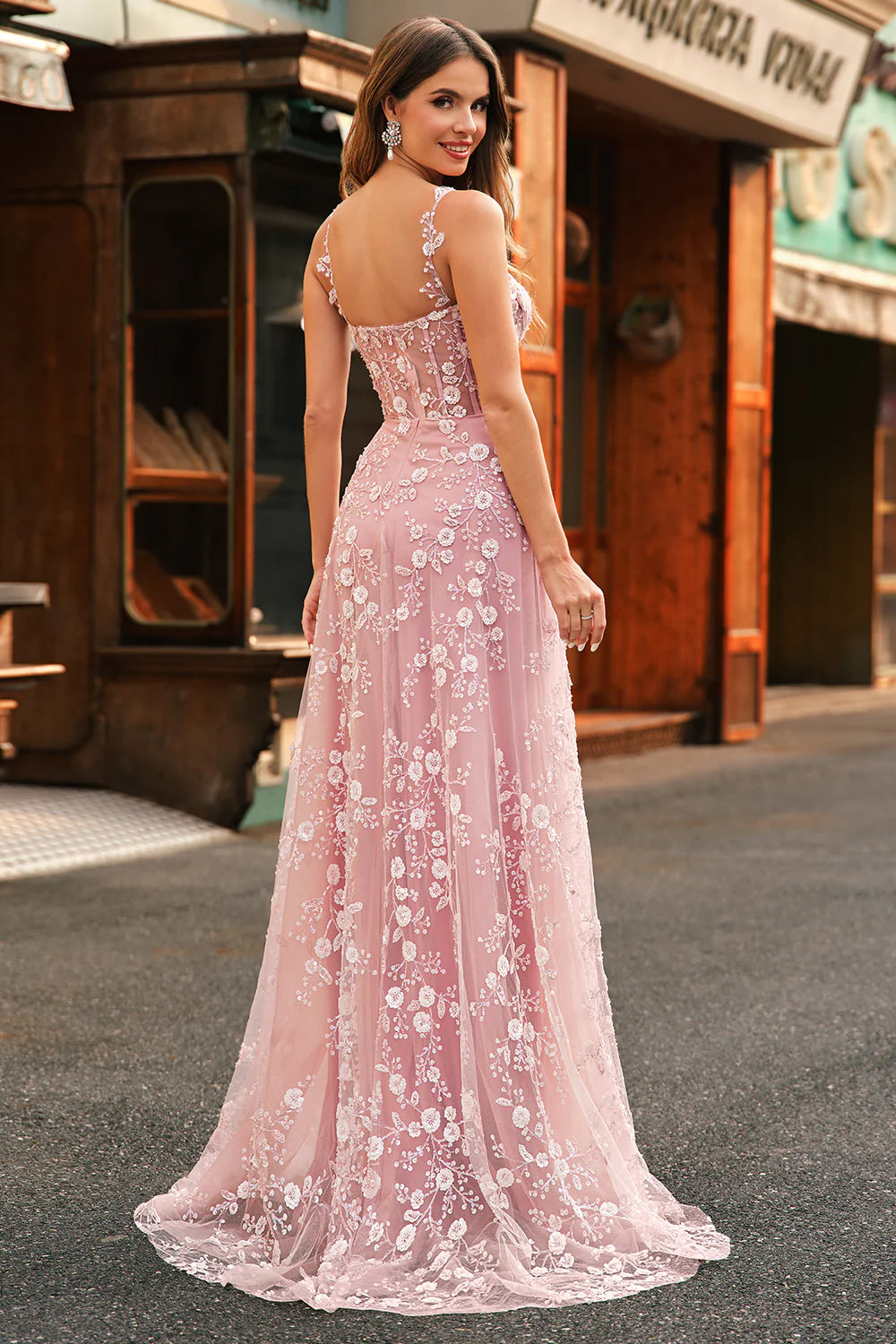 Sparkly Sequin Blush A Line Spaghetti Straps Corset Long Prom Dress With Slit