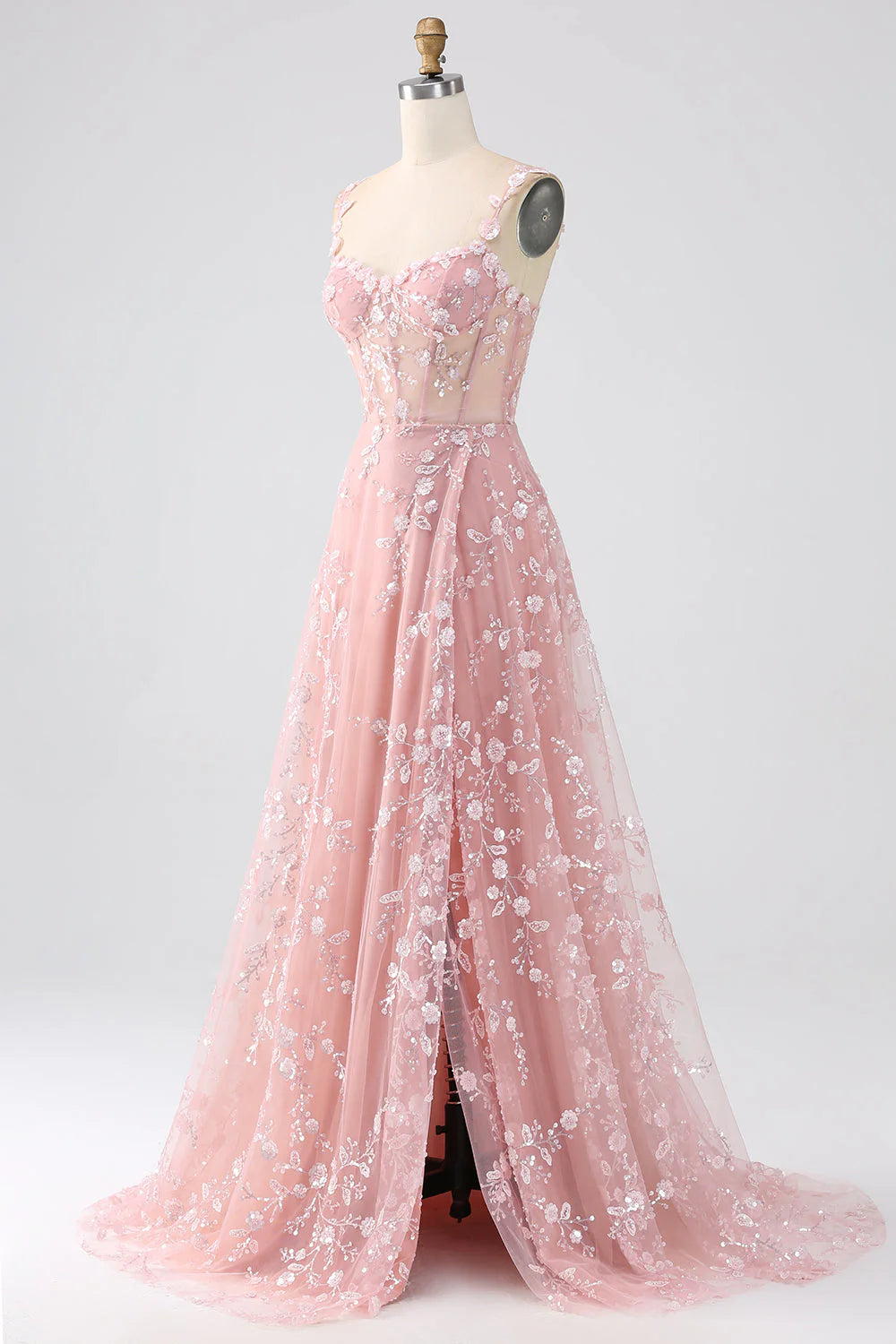 Sparkly Sequin Blush A Line Spaghetti Straps Corset Long Prom Dress With Slit