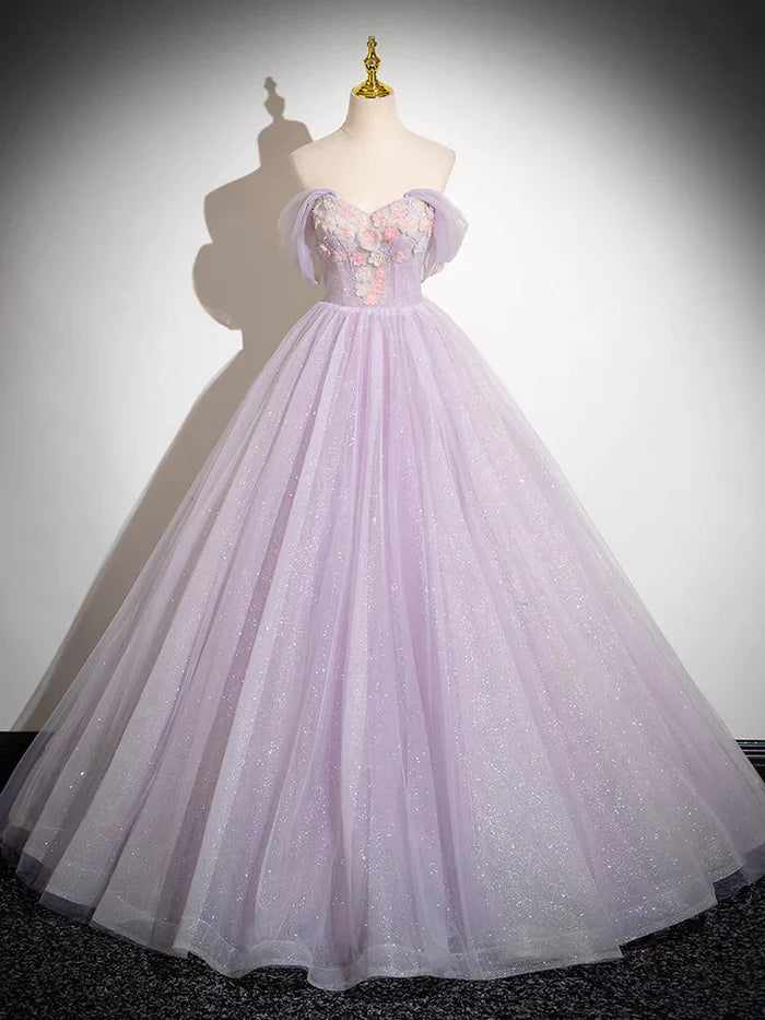 Sparkly Tulle Prom Dress Off the Shoulder Floral Appliques Ball Gown