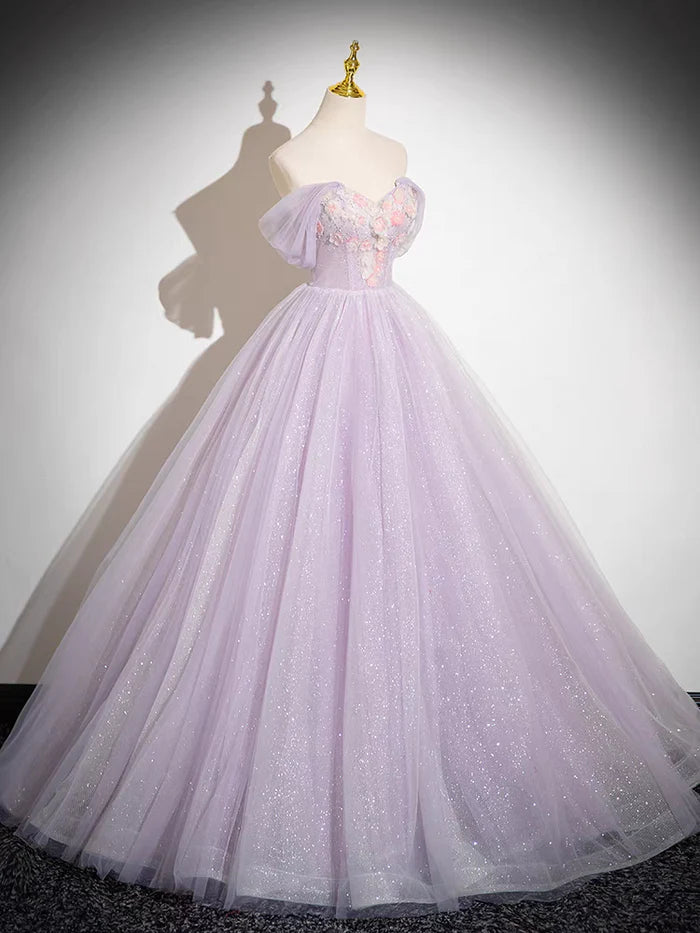 Sparkly Tulle Prom Dress Off the Shoulder Floral Appliques Ball Gown
