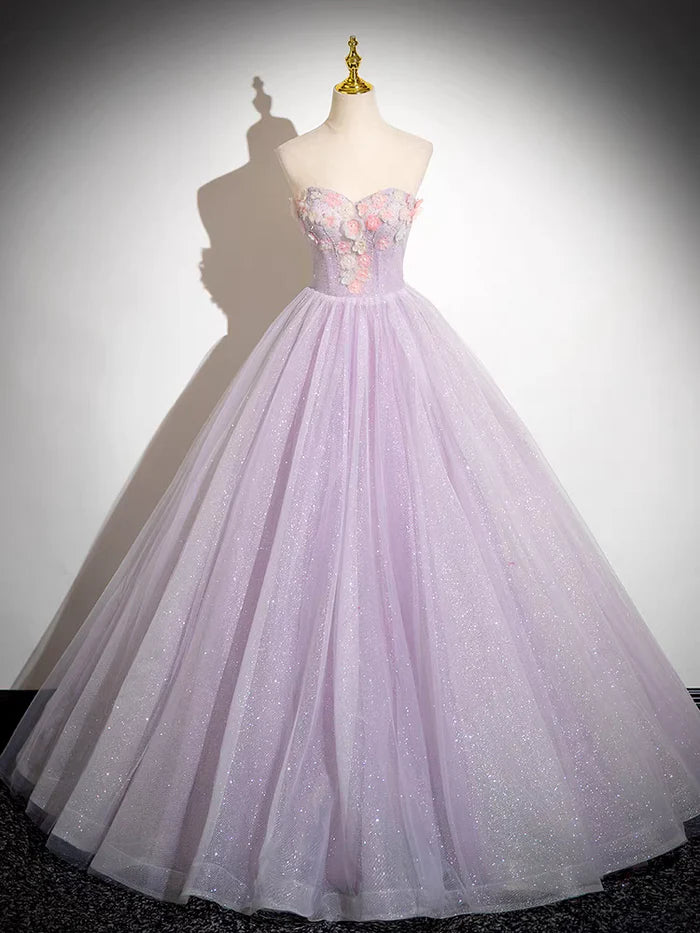 Sparkly Tulle Prom Dress Off the Shoulder Floral Appliques Ball Gown