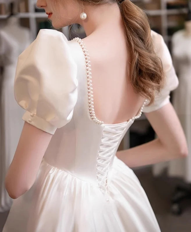 Square-Neck Puff-Sleeve Satin Wedding Dress with Pearl Trim, Lace-Up Back & A-Line Skirt