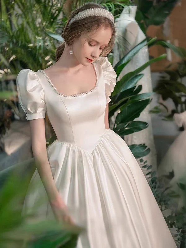 Square-Neck Puff-Sleeve Satin Wedding Dress with Pearl Trim, Lace-Up Back & A-Line Skirt