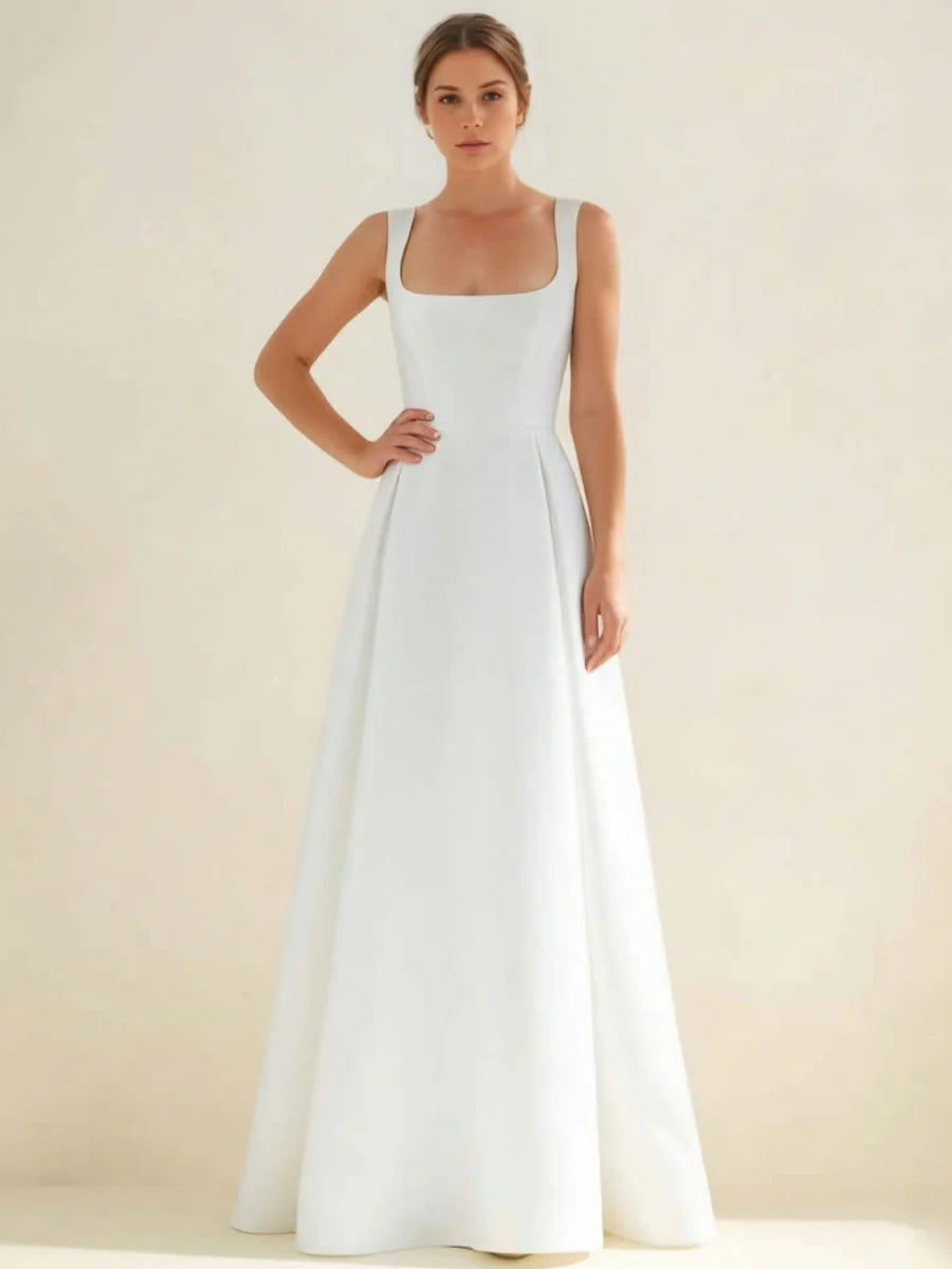 Square-Neck Satin Wedding Dress with Wide Straps, Pleated Ball Gown Skirt & Low Back