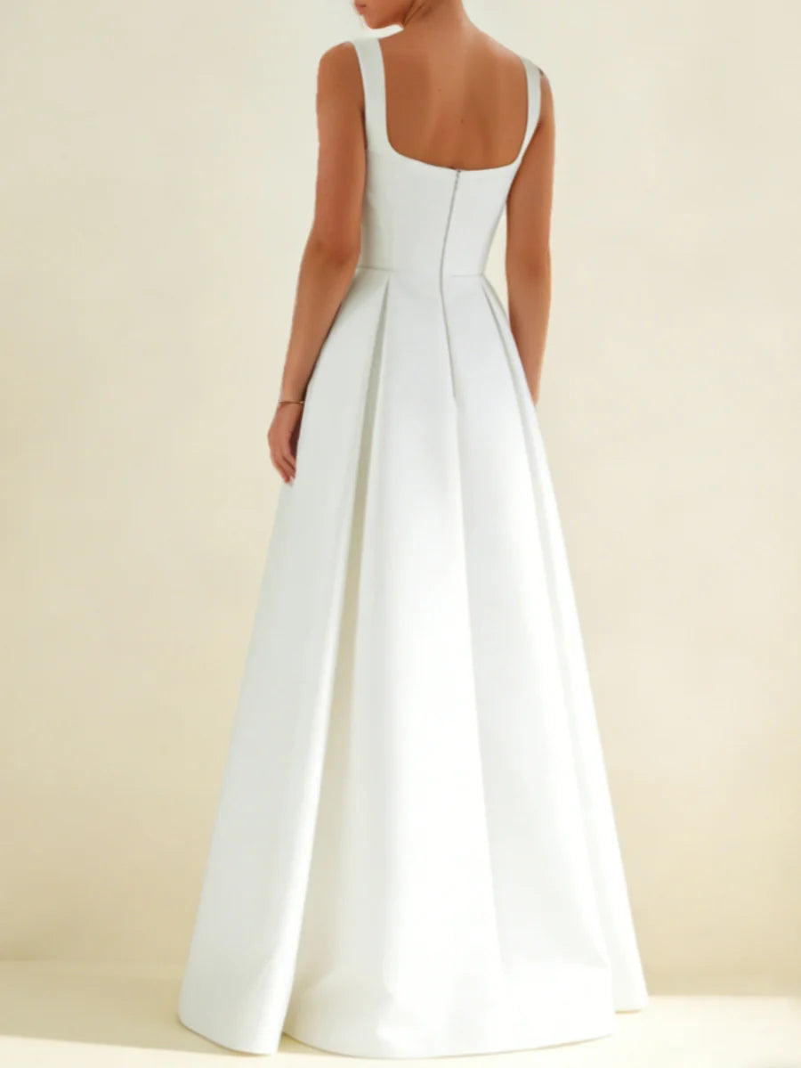Square-Neck Satin Wedding Dress with Wide Straps, Pleated Ball Gown Skirt & Low Back