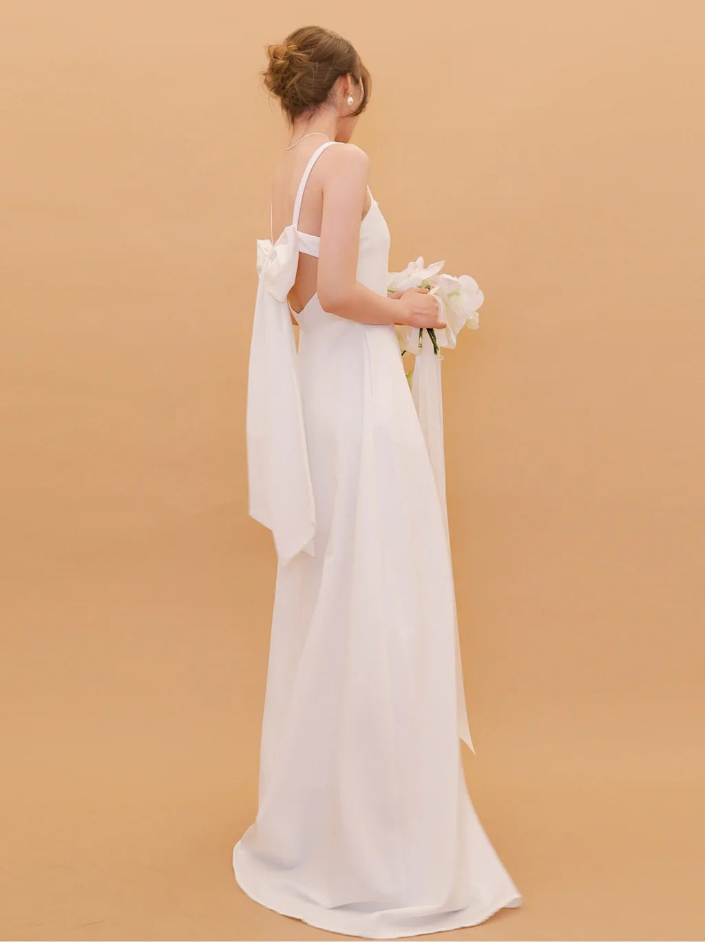 Square-Neck Spaghetti-Strap Satin Wedding Dress with Oversized Back Bow, A-Line Skirt & Chapel Train
