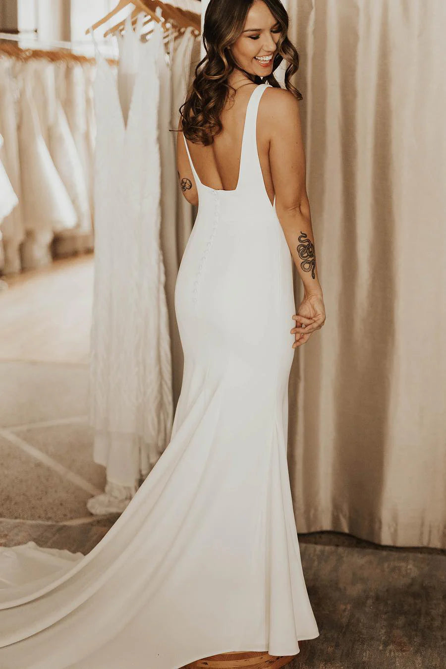 Square Neck Crepe Wedding Dresses with Deep Open Back, Covered Button Closure and Mermaid Silhouette Bridal Gown