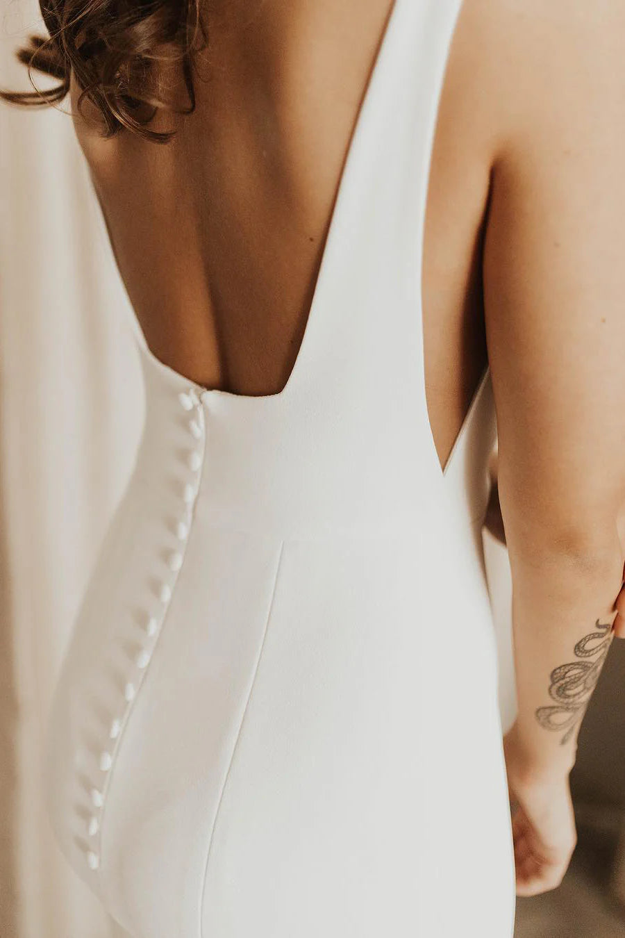 Square Neck Crepe Wedding Dresses with Deep Open Back, Covered Button Closure and Mermaid Silhouette Bridal Gown