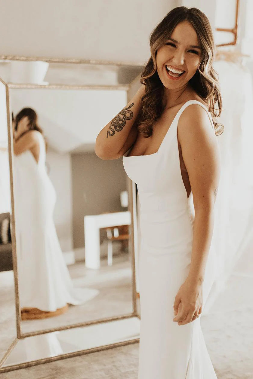 Square Neck Crepe Wedding Dresses with Deep Open Back, Covered Button Closure and Mermaid Silhouette Bridal Gown