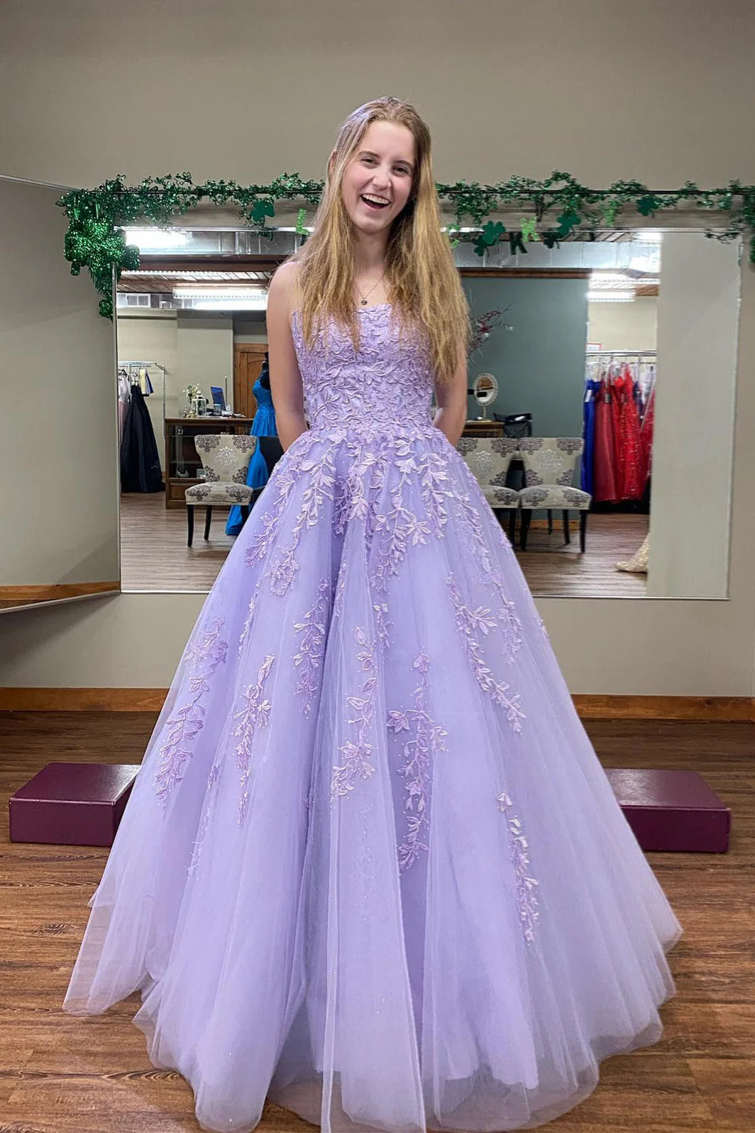 Square Neck Lilac Appliques A-line Long Prom Dresses