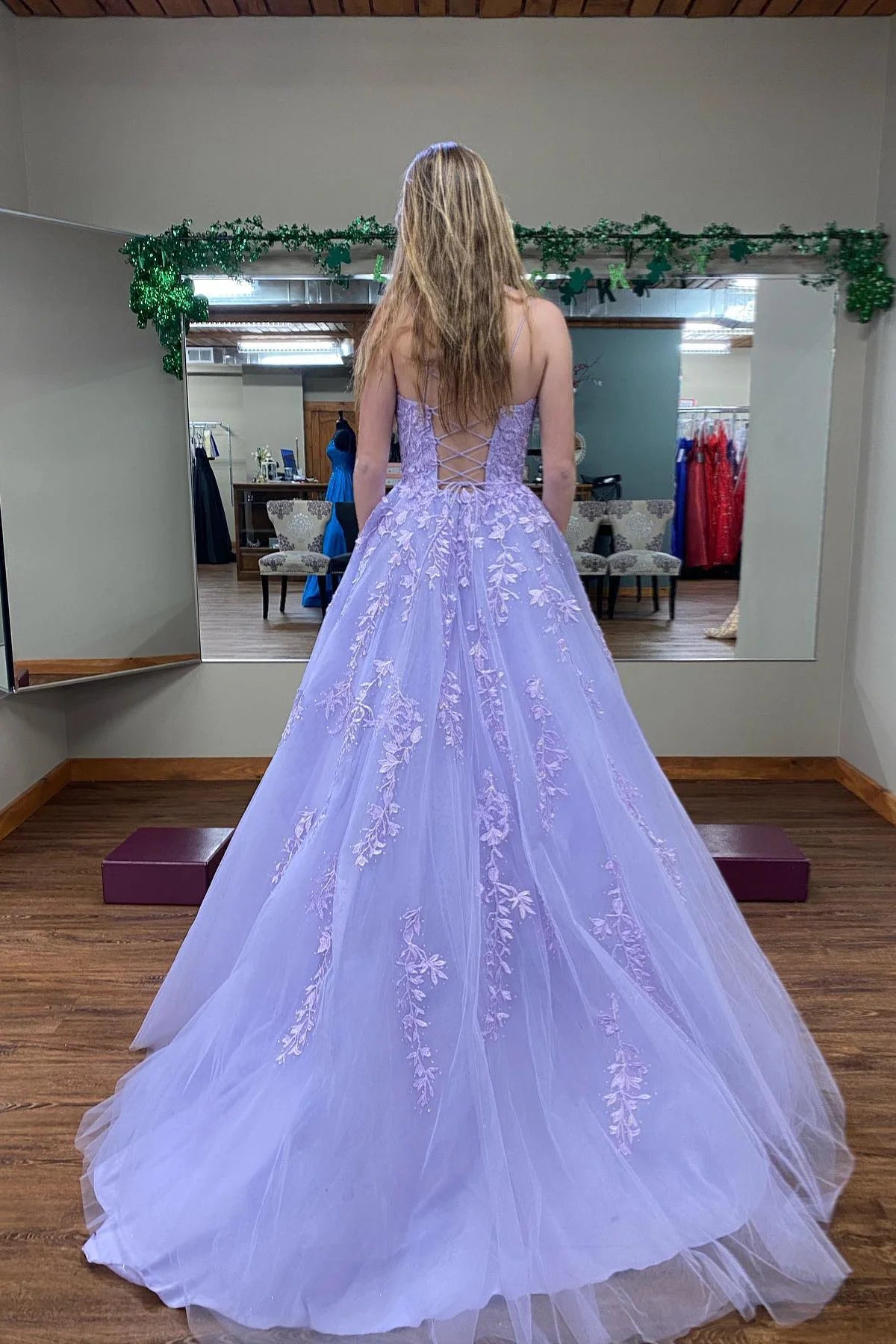 Square Neck Lilac Appliques A-line Long Prom Dresses