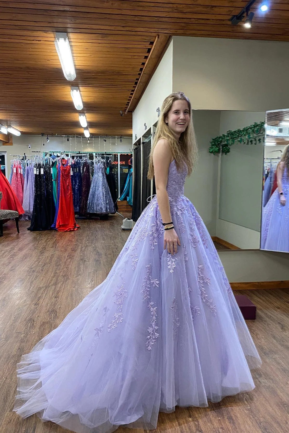 Square Neck Lilac Appliques A-line Long Prom Dresses