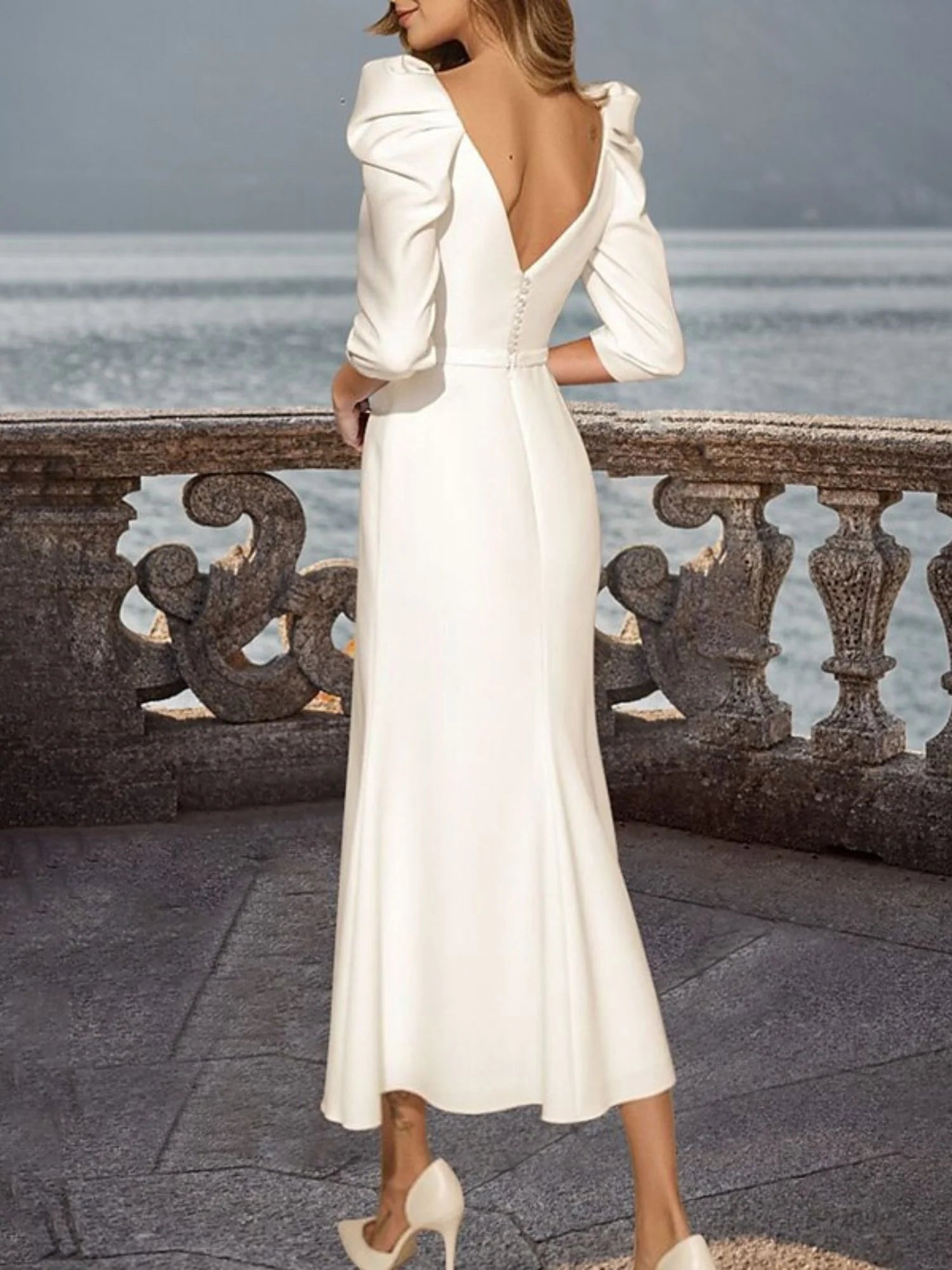 Square Neck Puff Sleeve Midi Wedding Dress Backless V Back Trumpet Bridal Gown