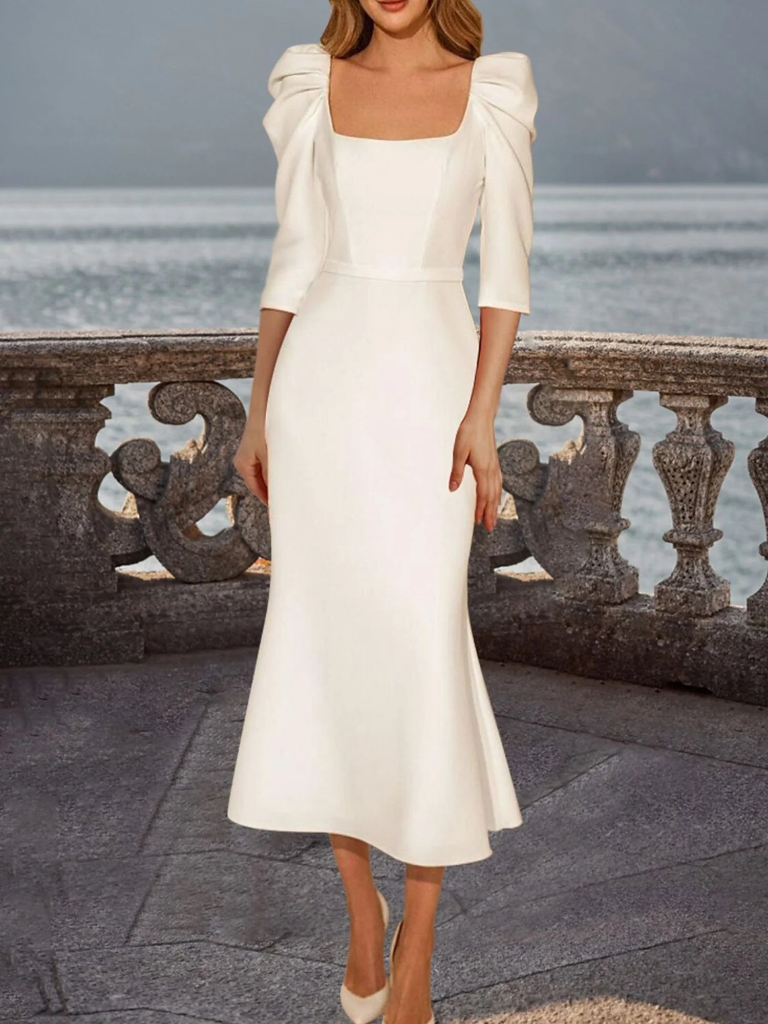 Square Neck Puff Sleeve Midi Wedding Dress Backless V Back Trumpet Bridal Gown