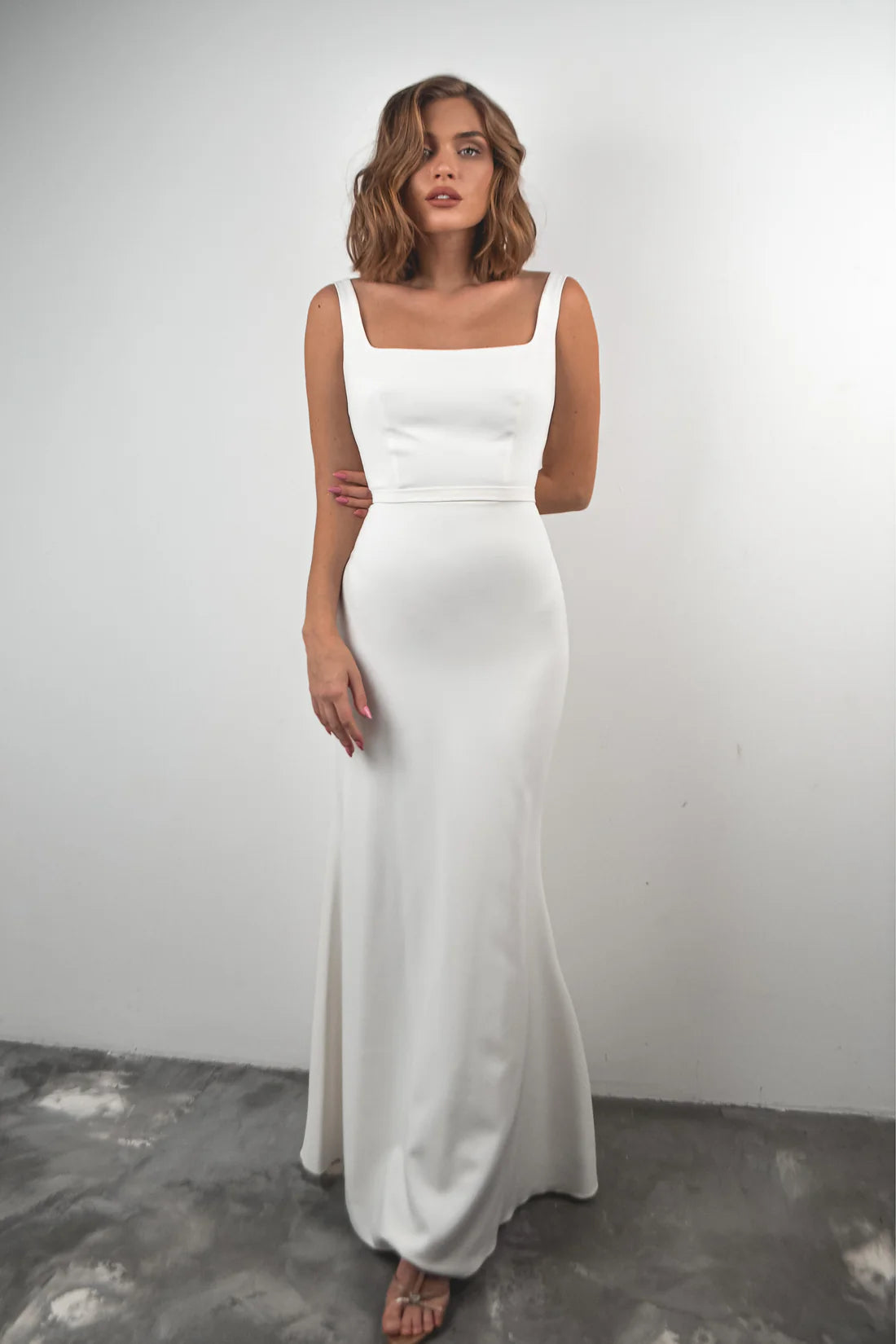 Square Neck Satin Sheath Wedding Dress Sleeveless Minimalist Slim Fit Bridal Gown