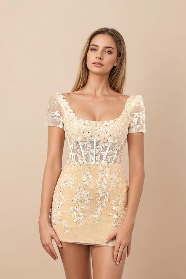 Square Neck Short Champagne Homecoming Dress With Appliques