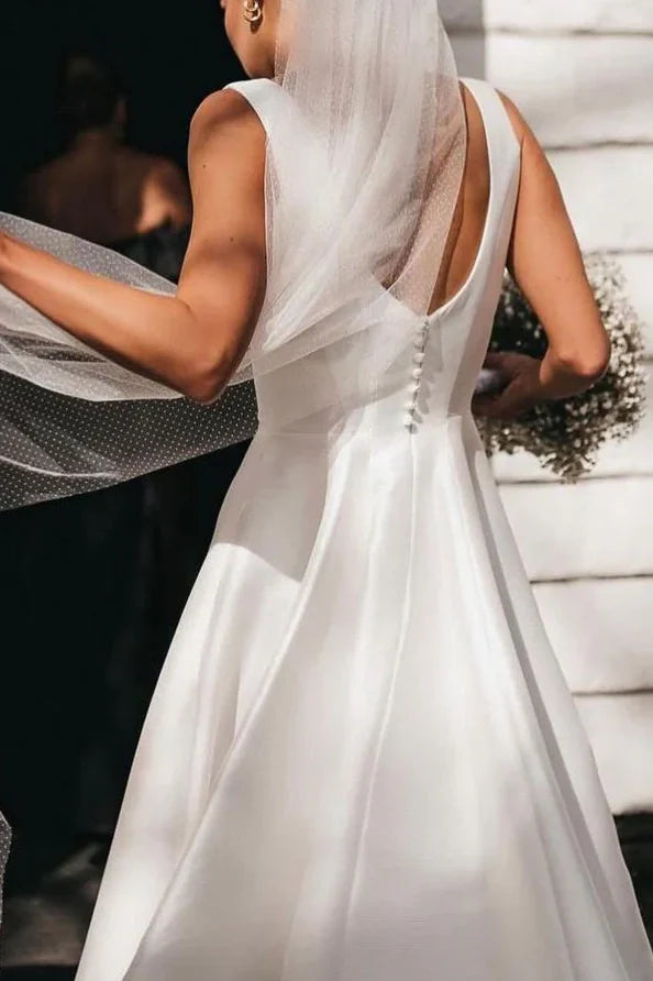 Square Neck Satin Wedding Dresses with Low V-Back, Covered Button Closure and Voluminous A-Line Skirt Bridal Gown