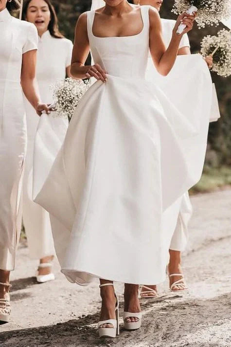 Square Neck Satin Wedding Dresses with Low V-Back, Covered Button Closure and Voluminous A-Line Skirt Bridal Gown