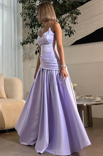 Strapless A-Line Empire-Waist Pleated Satin Long Prom Dress