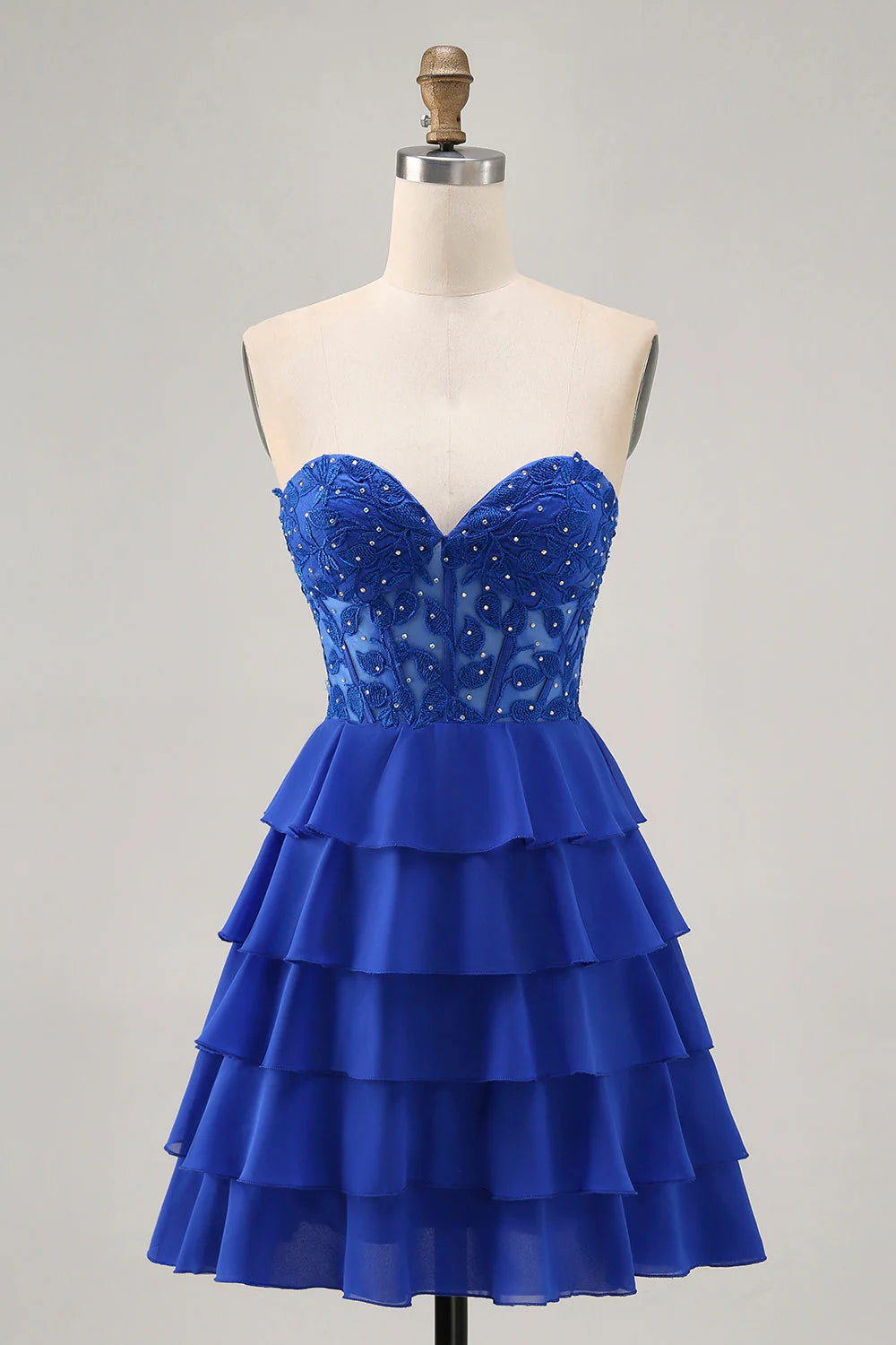 Strapless A-Line Tiered Corset Royal Blue Homecoming Dress with Beading