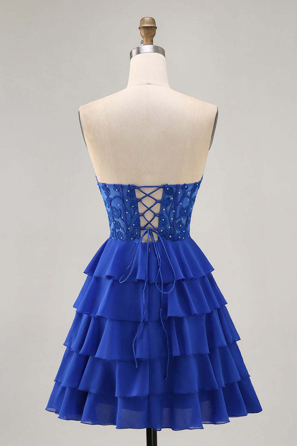 Strapless A-Line Tiered Corset Royal Blue Homecoming Dress with Beading