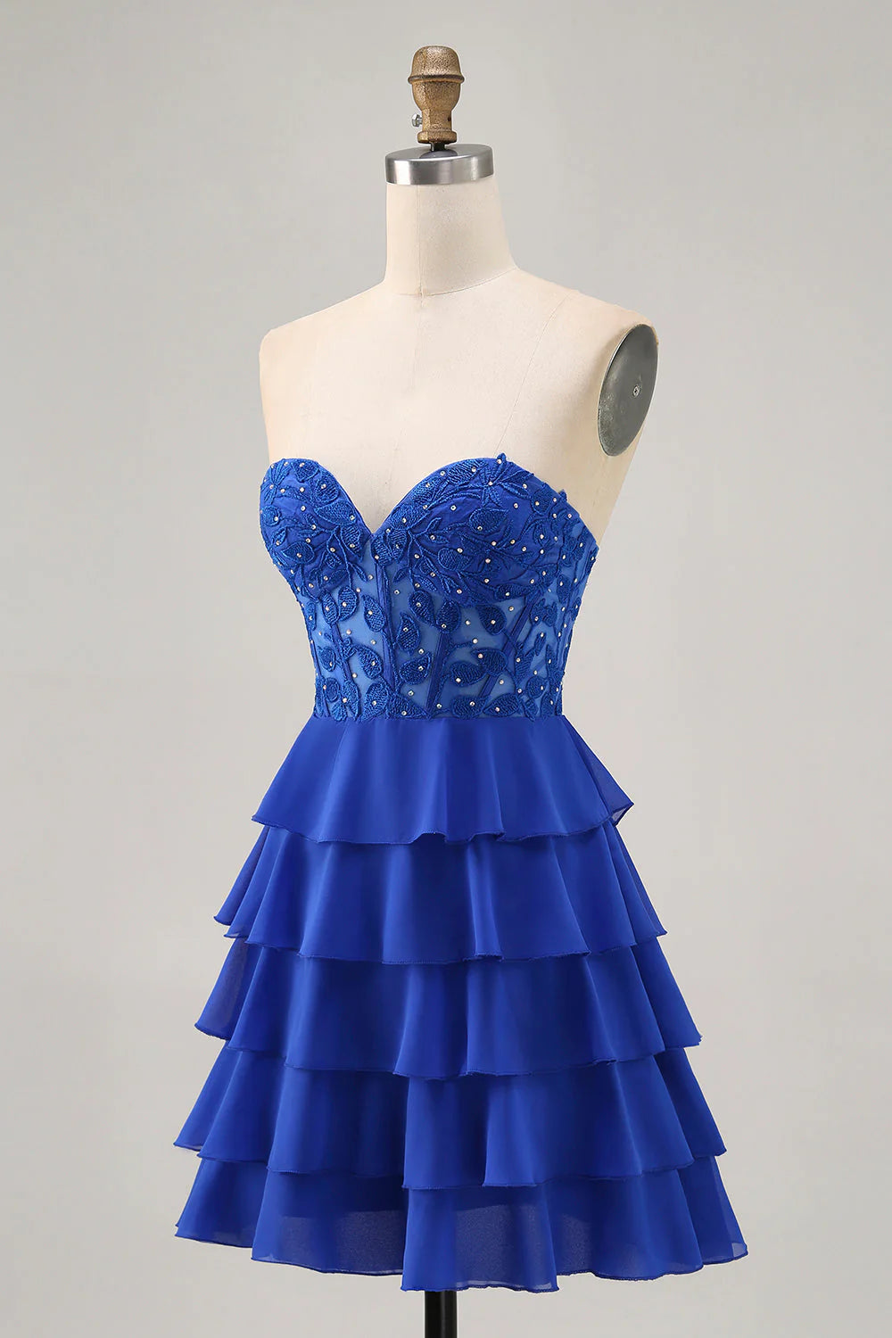 Strapless A-Line Tiered Corset Royal Blue Homecoming Dress with Beading