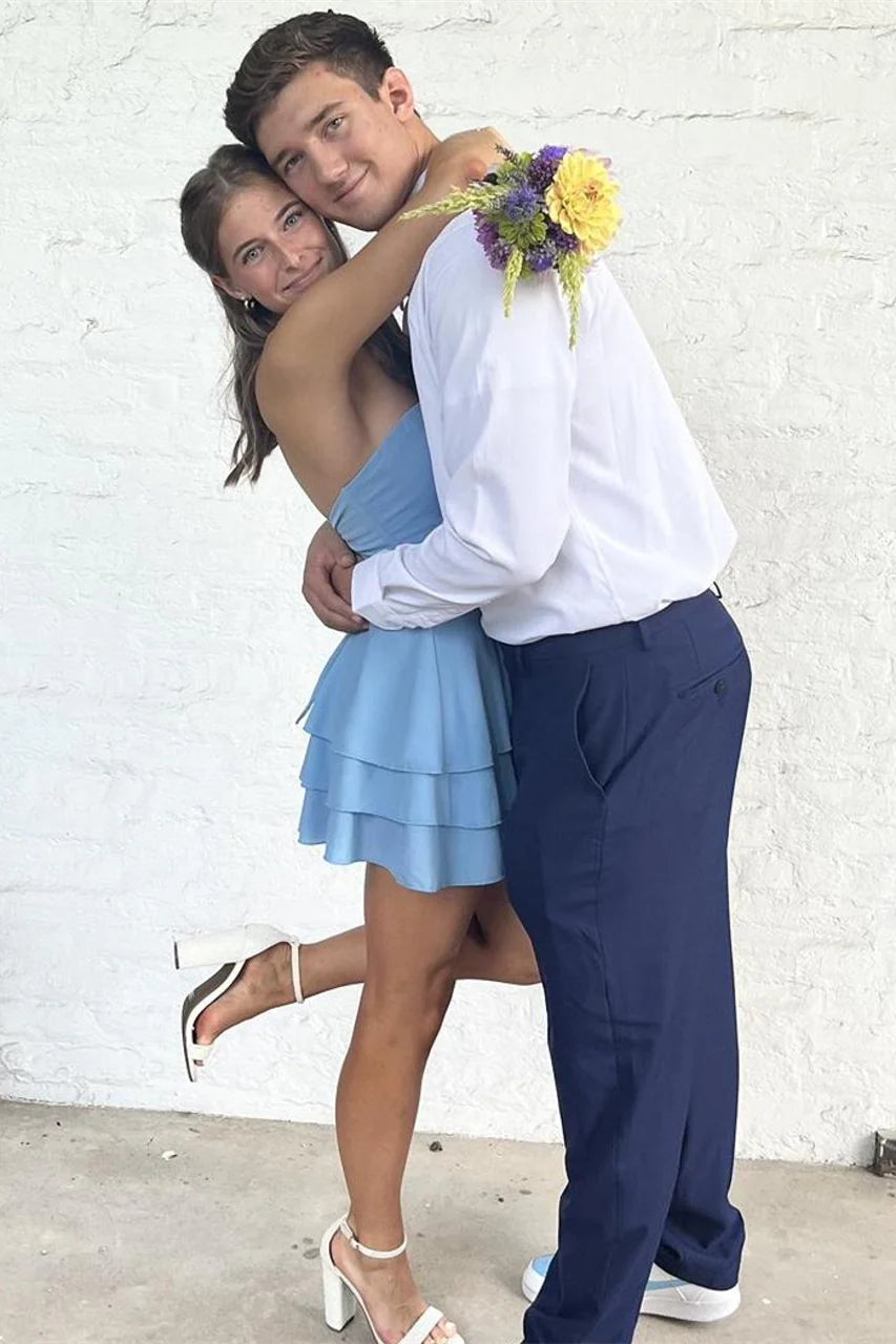 Strapless Blue Ruffled Tiered Short Unique Design Full Of Charm Homecoming Dresses