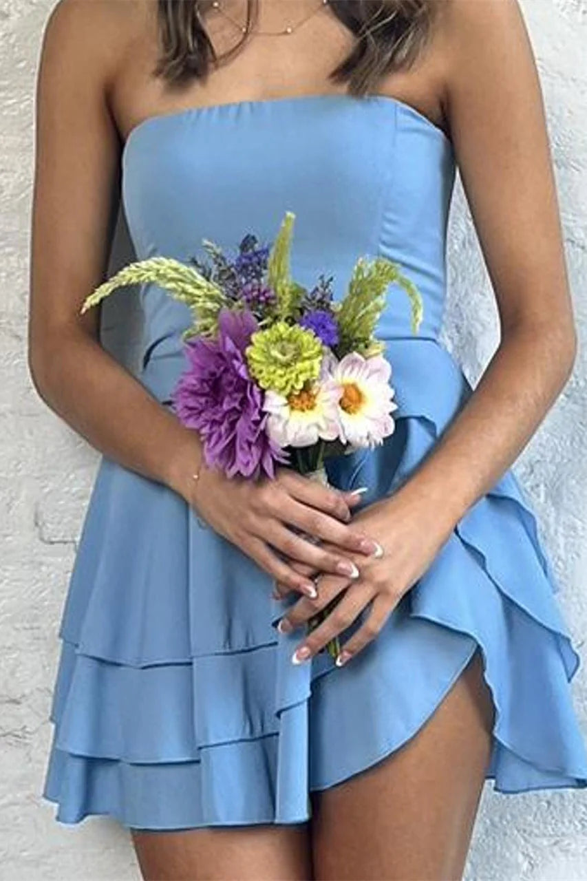 Strapless Blue Ruffled Tiered Short Unique Design Full Of Charm Homecoming Dresses