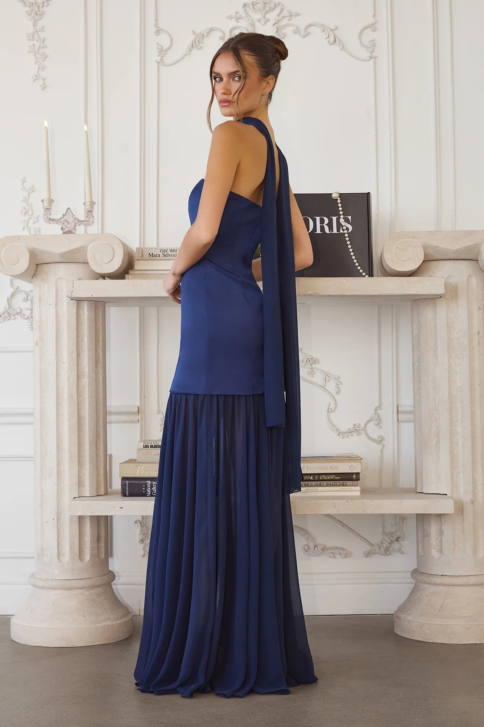 Strapless Choker-Neck Satin Bodice Chiffon Skirt Floor Length Prom Dress