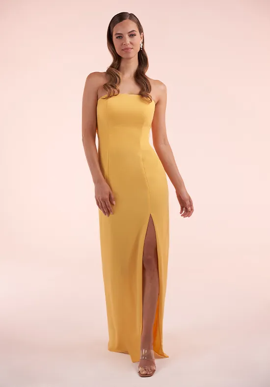 Strapless Cowl Cutout Back High Slit Matte Fabric Sheath Floor Length Bridesmaid Dresses